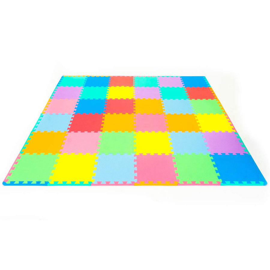 ProSource Kids Foam Puzzle Floor Play Mat with Solid Colors, 36 Tiles or 16 Tiles with Borders
