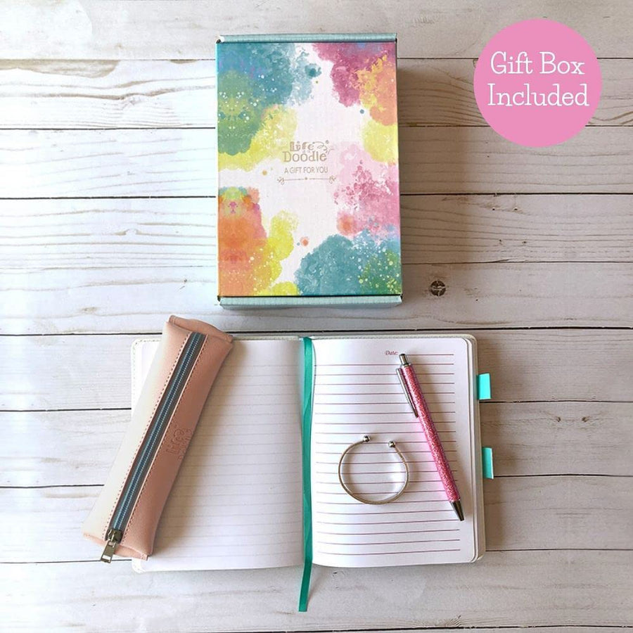 Life is a Doodle Girls Diary with Lock - Gift Set Includes PU Leather Journal with Password Combination Lock, Sleek Pencil Pouch That Wraps Around The Notebook, Bangle Bracelet & Pink Writing Pen