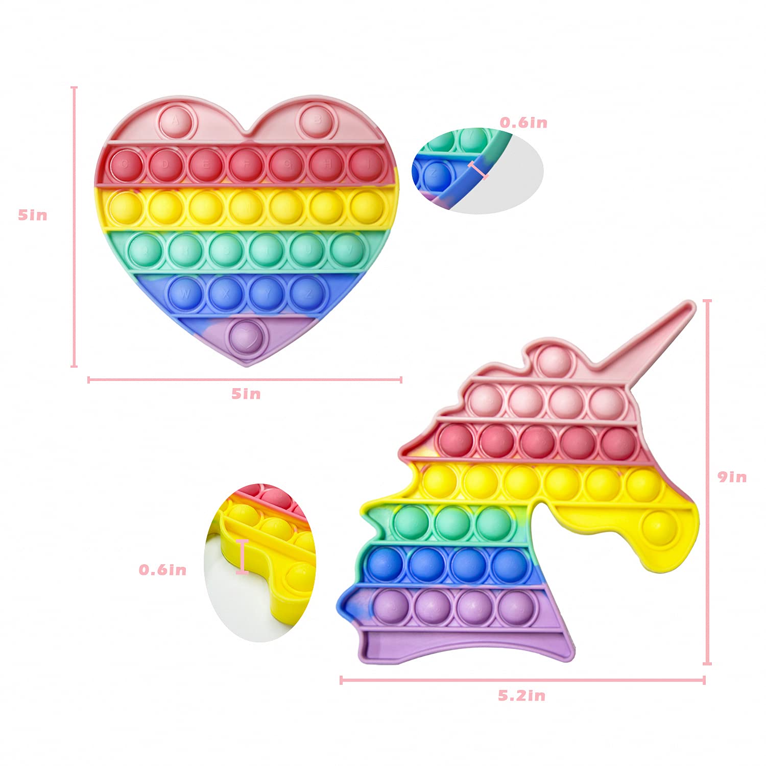 Teamgee Rainbow Unicorn Heart Pop Fidget Toy, Silicone Push Sensory Pop Stress Bubble Toy Reliever Office School Game Gift for Kids Children Adults 2 Pack (Pink Unicorn Heart)