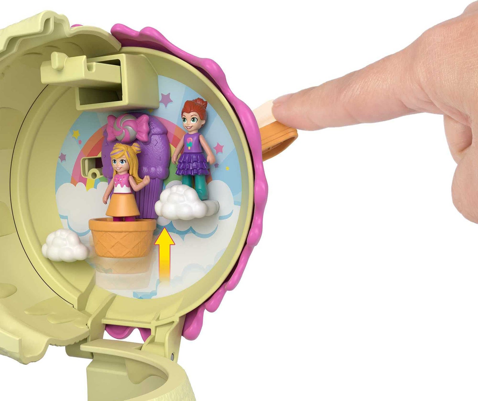 Polly Pocket Spin ‘n Surprise Compact Playset, Ice Cream Cone Shape, Playground Theme, 3 Floors, 25 Surprise Accessories Including Micro Polly & Lila Dolls, Great Gift for Ages 4 Years Old & Up