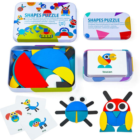 LIKEE Wooden Pattern Blocks Animals Jigsaw Puzzle Sorting and Stacking Games Montessori Educational Toys for Toddlers Kids Boys Girls Age 3+ Years Old (36 Shape Pieces& 60 Design Cards in Iron Box)