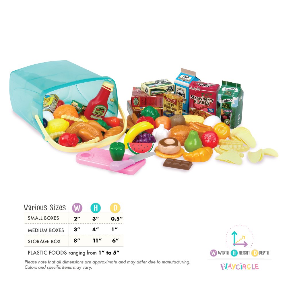 Play Circle by Battat – Pantry in a Bucket – Pretend Play Food Set and Storage Container with Lid – Realistic & Durable Toy Kitchen Accessories for Kids Ages 3 and Up (79 Pieces), Multicolor