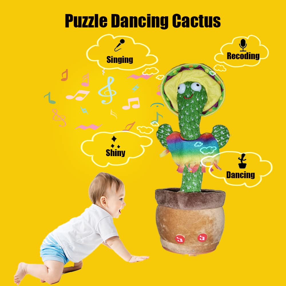 WISMAT Dancing Cactus Toy - 120 Songs Singing, Talking, Record & Repeating What You say Electric Cactus, Wiggle Mimicking Parrot Sunny Cactus Plush Toy, LED Light for Home Decor & Babies Interaction