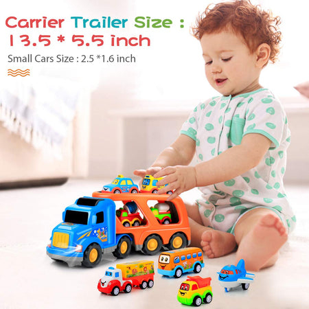 9 pcs Cars Toys for 2 3 4 5 Years Old Toddlers, Big Carrier Truck with 8 Small Cartoon Pull Back Cars, Colorful Assorted Vehicles, Transport Truck with Sound and Light, Best Gift for Boy and Girl