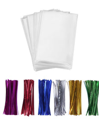 200 Clear Treat Bags 6x9 with 4" Twist Ties 6 Mix Colors - Thick OPP Plastic Bags for Wedding Cookie Birthday Cake Pops Gift Candy Buffet Supplies
