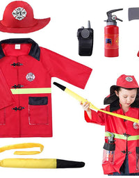 iPlay, iLearn Kids Firefighter Costume, Toddler Fireman Dress up, Fire Pretend Chief Outfit, Halloween Role Play Career Suit W/ Walkie Talkie Hose, Party Birthday Gift for 3 4 5 6 7 Year Old Boy Girl
