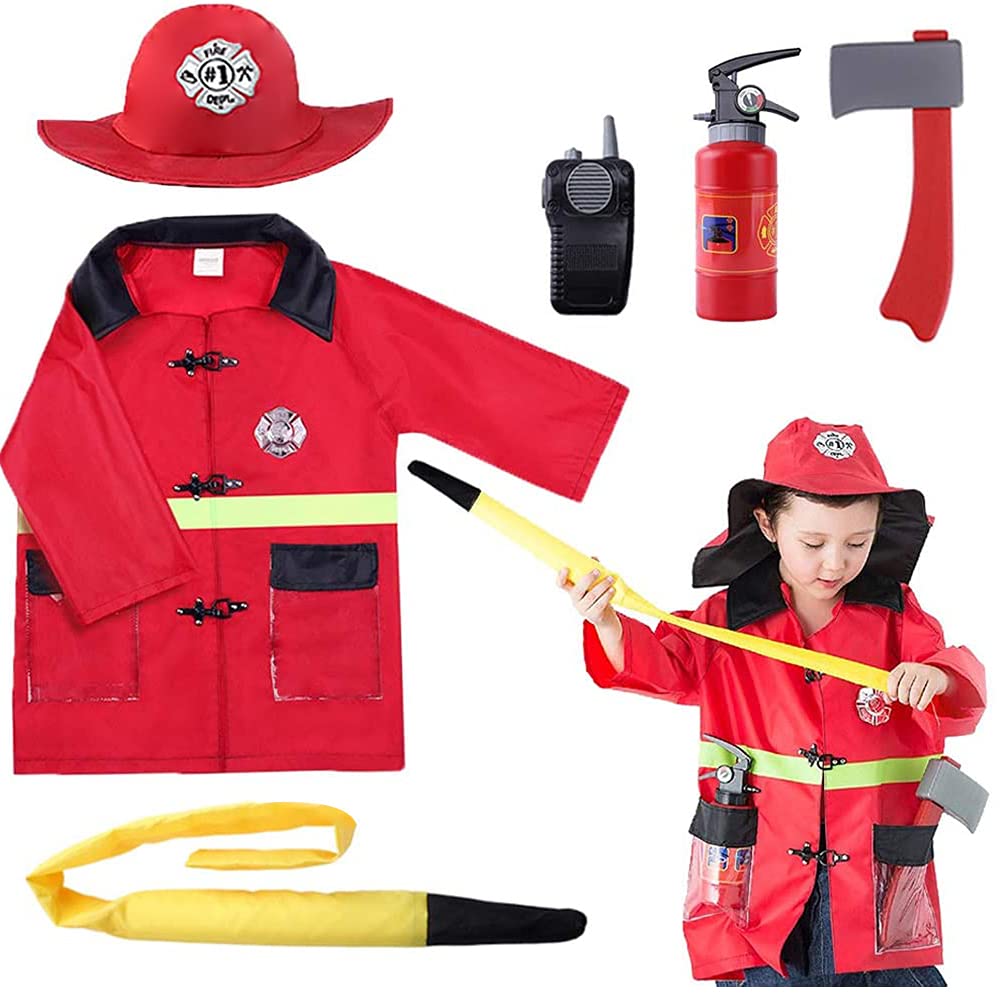 iPlay, iLearn Kids Firefighter Costume, Toddler Fireman Dress up, Fire Pretend Chief Outfit, Halloween Role Play Career Suit W/ Walkie Talkie Hose, Party Birthday Gift for 3 4 5 6 7 Year Old Boy Girl
