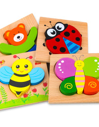 SKYFIELD Wooden Animal Puzzles for Toddlers 1 2 3 Years Old, Boys & Girls Educational Toys Gift with 4 Animal Patterns, Bright Vibrant Color Shapes, Customize Gift Box Ready
