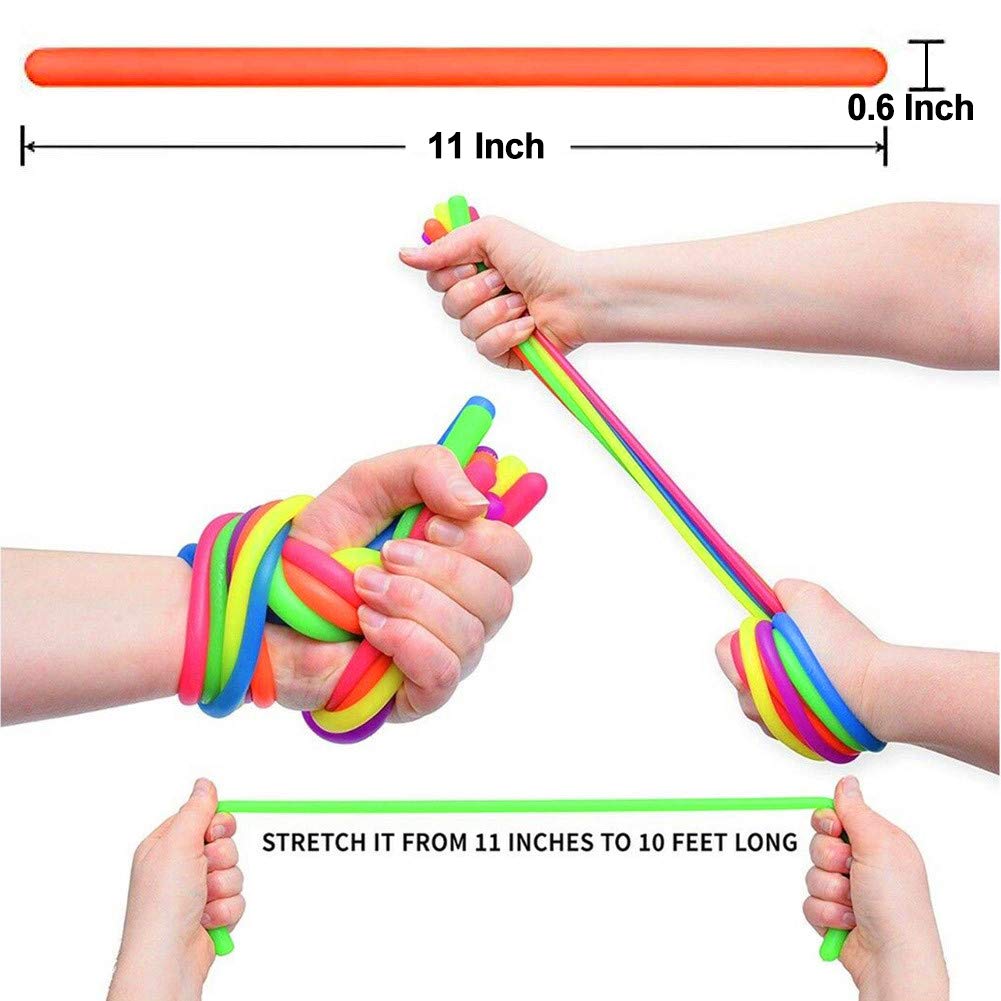 MOJELO 12 Pack Stretchy String Fidgets Sensory Toys Build Resistance Squeeze Strengthen Arms, Monkey Noodle Stress Reliever Toy for Kids with ADD, ADHD or Autism, and Adults to Increase Focus Patience