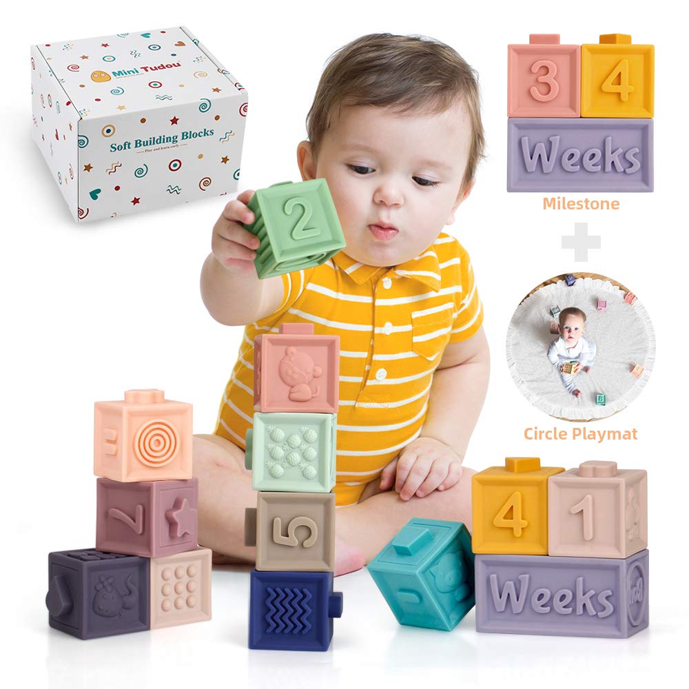 Mini Tudou Baby Blocks Soft Building Blocks Baby Toys Teethers Toy Educational Squeeze Play with Numbers Animals Shapes Textures 6 Months and Up 12PCS
