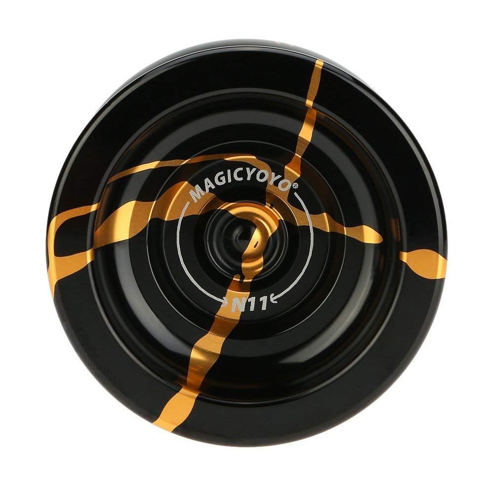 MAGICYOYO N11 Professional Unresponsive Yoyo N11 Alloy Aluminum YoYo Ball (Black with Golden) with Bag, Glove and 5 Strings