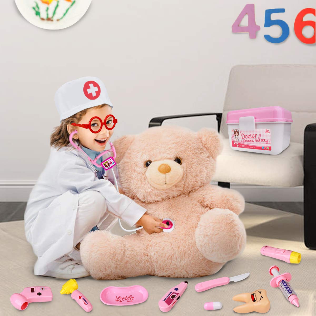 LOYO Medical Kit for Kids - 35 Pieces Doctor Pretend Play Equipment, Dentist Kit for Kids, Doctor Play Set with Gift Case (Pink)