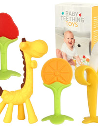 Baby Teething Toys for Newborn (4-Pack) Freezer Safe BPA Free Infant and Toddler Silicone Banana Toothbrushes Fruit Giraffe Teethers Soothe Babies Gums Set with Storage Case
