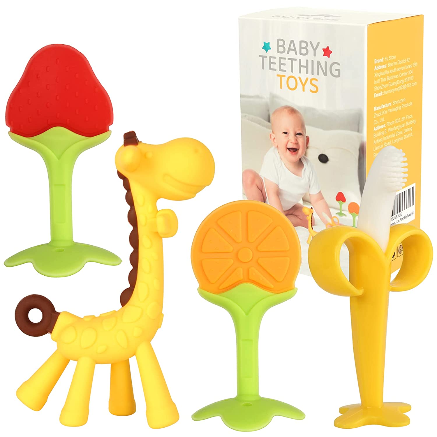 Baby Teething Toys for Newborn (4-Pack) Freezer Safe BPA Free Infant and Toddler Silicone Banana Toothbrushes Fruit Giraffe Teethers Soothe Babies Gums Set with Storage Case