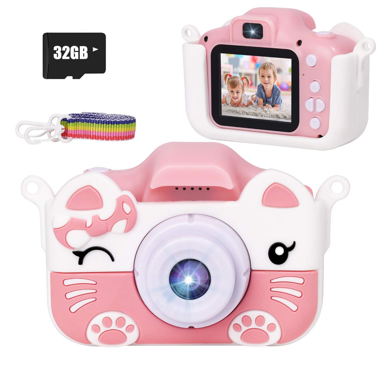JLtech Kids Selfie Digital Camera，Birthday Toy Gift for Girls Age 2-10 , Children Cameras for Toddler with 1080P Video，Portable and Rechargeable Toy Camera for Girls with 32GB SD Card (Pink)