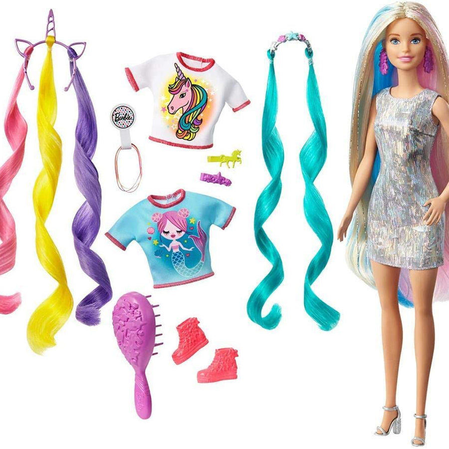 Barbie Fantasy Hair Doll, Blonde, with 2 Decorated Crowns, 2 Tops & Accessories for Mermaid and Unicorn Looks, Plus Hairstyling Pieces, for Kids 3 to 7 Years Old