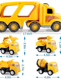 Construction Truck Toys for 3 4 5 6 Years Old Toddlers Kids Boys and Girls, Car Toy Set with Sound and Light, Play Vehicles in Friction Powered Carrier Truck, Small Crane Mixer Dump Excavator Toy
