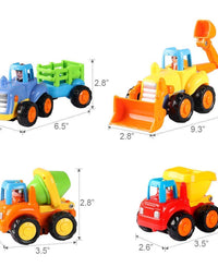 Coogam 4 Pack Friction Powered Cars Construction Vehicles Toy Set Cartoon Push and Go Car Tractor, Bulldozer, Cement Mixer Truck, Dumper for Year Old Boy Girl Kid Gift
