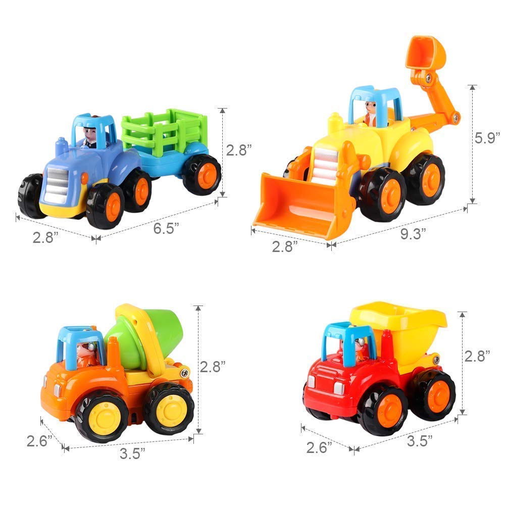Coogam 4 Pack Friction Powered Cars Construction Vehicles Toy Set Cartoon Push and Go Car Tractor, Bulldozer, Cement Mixer Truck, Dumper for Year Old Boy Girl Kid Gift