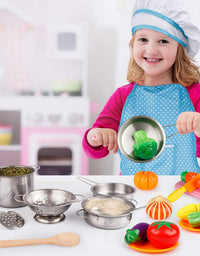 D-FantiX Play Kitchen Accessories, Kids Play Pots and Pans Playset with Mini Stainless Steel Pretend Play Cooking Toys, Cookware Utensils, Apron and Chef Hat, Cutting Food for Toddler Boys Girls
