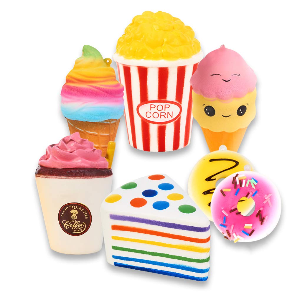 Slow Rising Jumbo SQUISHIES Set Pack of 7 - Rainbow Triangle Cake, Frappuccino, Popcorn, Donuts X2 & Ice Cream X2, Kawaii Squishy Toys or Stress Relief Toys Sticker Come with The Squishys