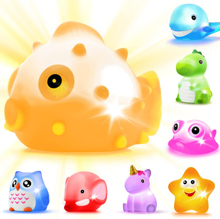 Bath Toys, 8 Pcs Light Up Floating Rubber animal Toys set, Flashing Color Changing Light in Water, Baby Infants Kids Toddler Child Preschool Bathtub Bathroom Shower Games Swimming Pool Party