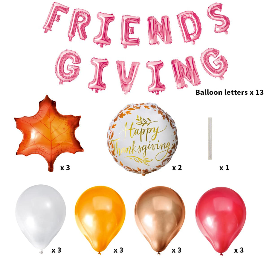 JOYIN 30 Pcs Thanksgiving Party Decoration Set Includes Pink FRIENDGIVING Foil Banner, 3 Large Maple Leaf Balloons, 2 Combo and 12 Latex Balloons Hanging Decoration Fall Holiday Decor Party Supplies