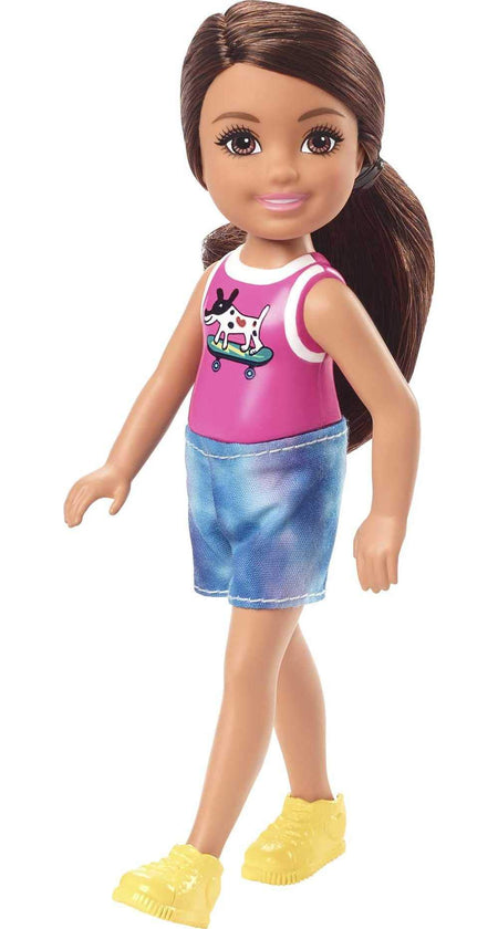 Barbie Chelsea Doll (6-inch Brunette) Wearing Sparkly Skirt, Molded Unicorn Top & Green Shoes, Gift for 3 to 7 Year Olds