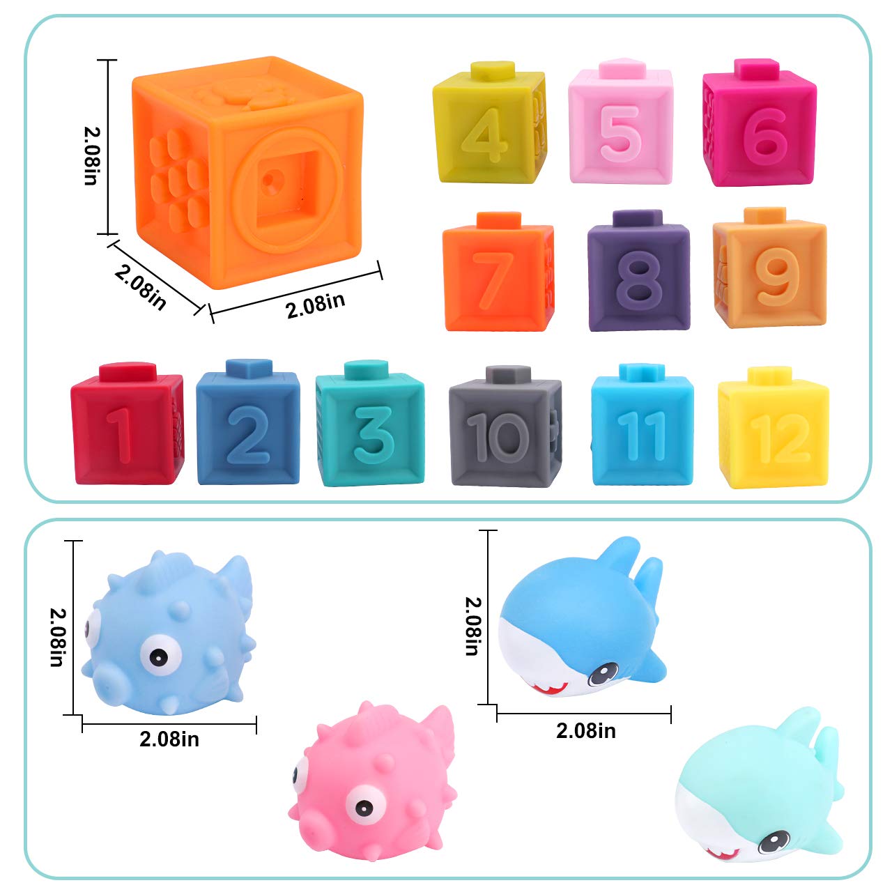 OWNONE 1 Baby Soft Blocks, 16PCS Stacking Building Blocks, Teething & Squeezing Toys for Babies, Cube Blocks with Numbers Animals Fruits, Soft Toys for Babies Infants Toddlers Age 6 to 12 Months Up