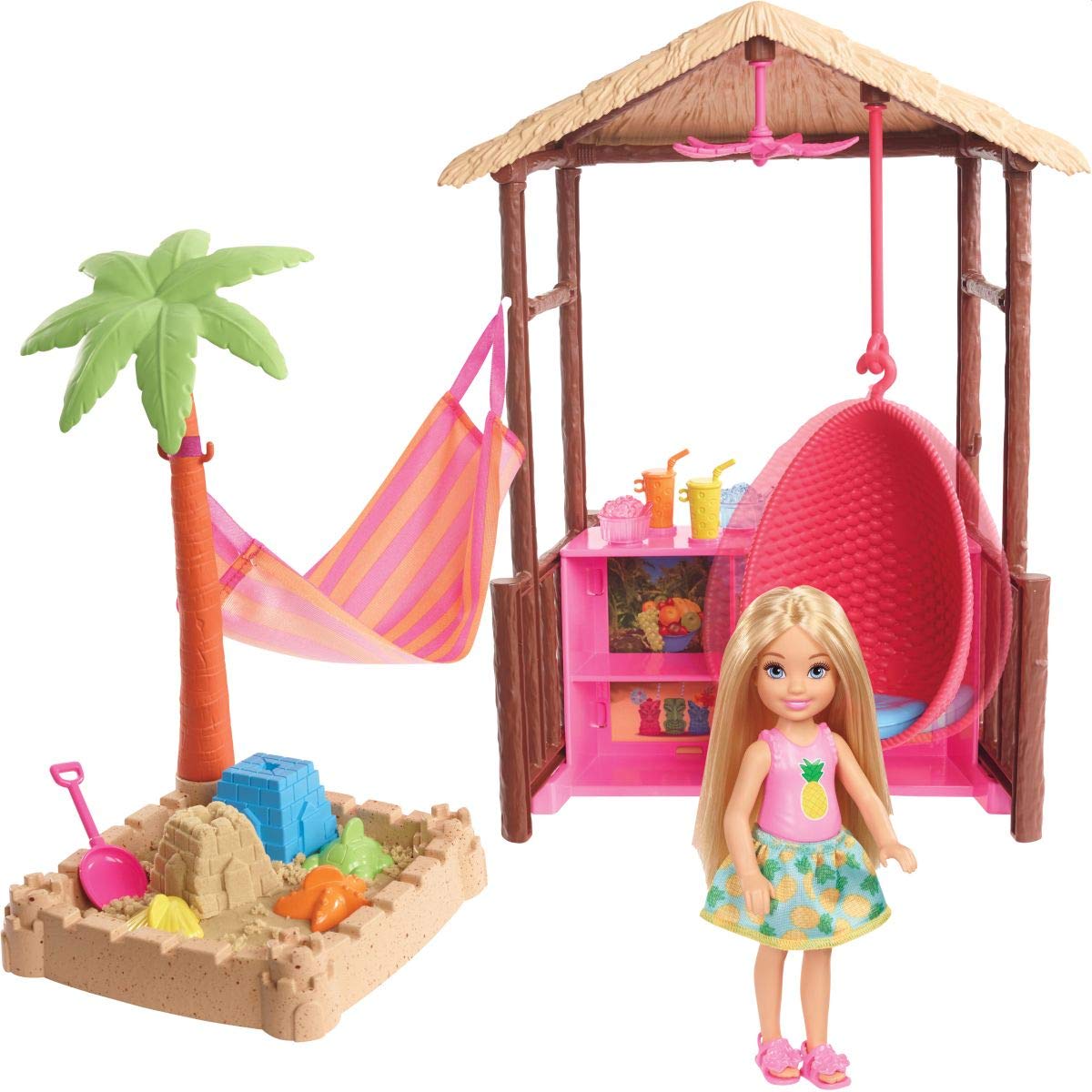 Barbie Chelsea Doll and Tiki Hut Playset with 6-inch Blonde Doll, Hut with Swing, Hammock, Moldable Sand, 4 Molds and 4 Storytelling Pieces, Gift for 3 to 7 Year Olds [Amazon Exclusive]