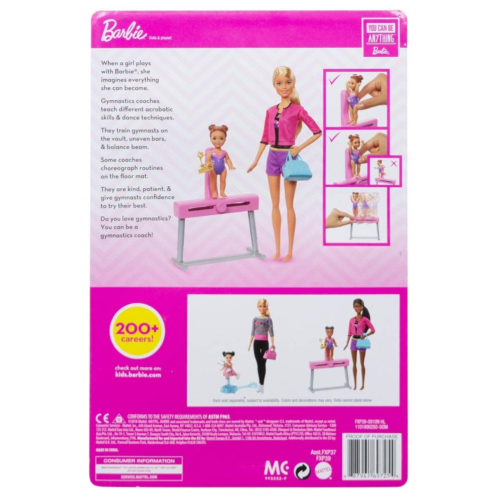 Barbie Gymnastics Coach Dolls & Playset with Blonde Coach Barbie Doll, Brunette Small Doll and Balance Beam with Sliding Mechanism, Gift for 3 to 7 Year Olds [Amazon Exclusive]