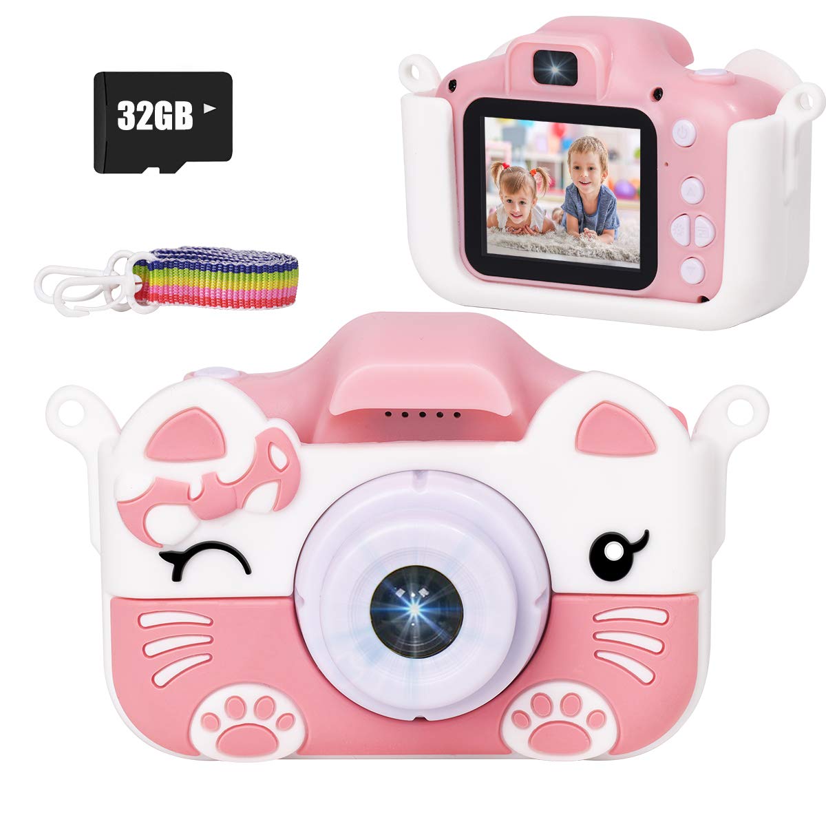 JLtech Kids Selfie Digital Camera，Birthday Toy Gift for Girls Age 2-10 , Children Cameras for Toddler with 1080P Video，Portable and Rechargeable Toy Camera for Girls with 32GB SD Card (Pink)