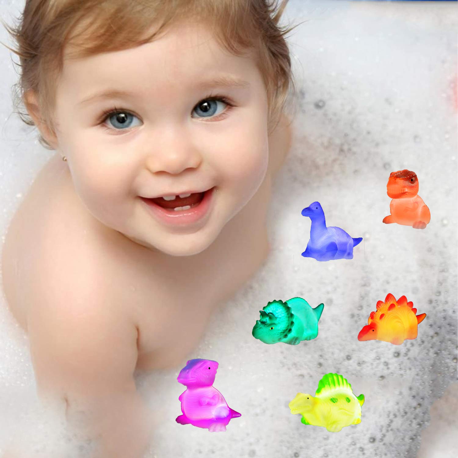 Jomyfant Dinosaur Bath Toys Light Up Floating Rubber Toys(6 Packs),Flashing Color Changing Light in Water,Baby Infants Kids Toddler Child Preschool Bathtub Bathroom