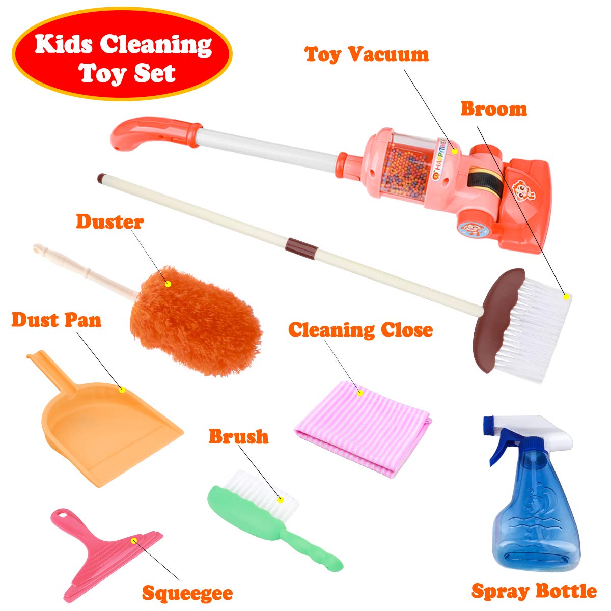 Meland Kids Cleaning Set - 8Pcs Toddler Broom and Cleaning Set with Toy Vacuum Cleaner, Pretend Play Children House Cleaning Toys, Christmas Birthday Gift for Girls Boys