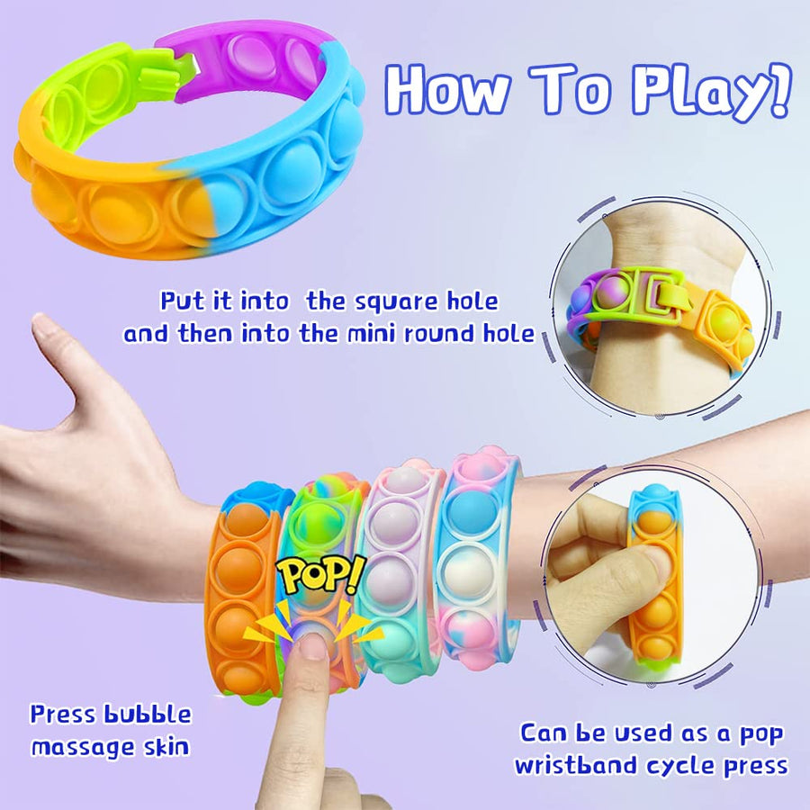 Push Pop Bubble Bracelet Fidget Toy, Wearable Wristband Fidget Sensory Toys, Hand Finger Press Silicone Bracelet Toy,Stress Relief Anti-Anxiety Tools for Autism Kids and Adults (Rainbow 6pcs)