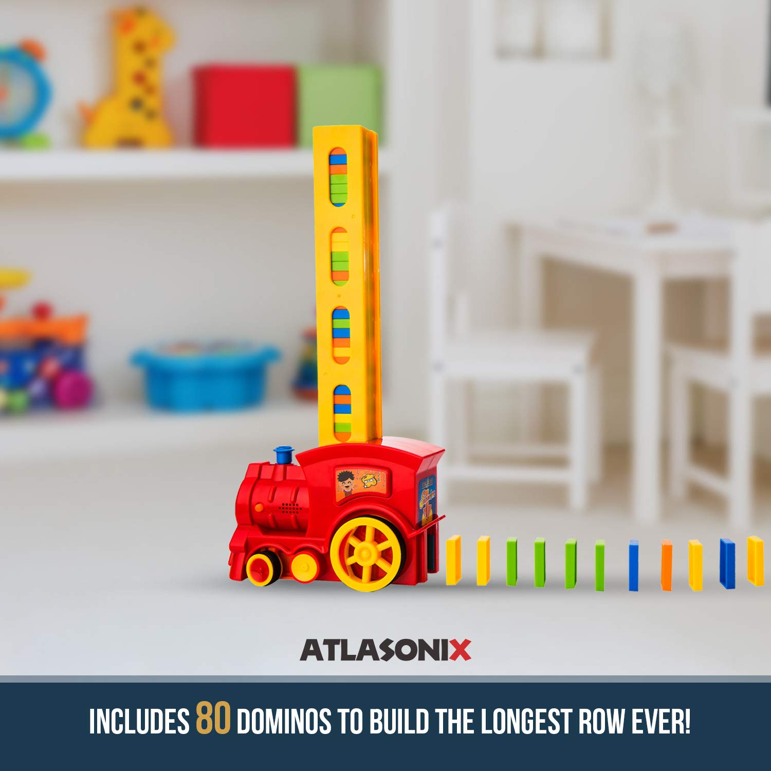 Domino Train Set - 80 Pcs. Fun and Colorful Train That Prepares Your Domino Rally Experience Quickly and Automatically for Boys and Girls Age 3-8 | Red