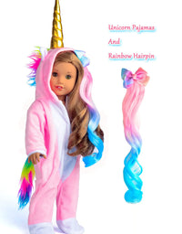 Sweet Dolly Doll Clothes Unicorn Costume Onesie Pajamas Rainbow Color Hair Bow Clips Fits 18 Inch American Girl Doll

