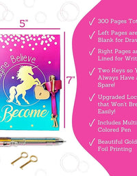 Diary with Lock for Girls - Unicorn Journal with Upgraded Lock and Keys, Notebook Pages for Secret Writing , Blank Pages for Drawing, Multicolor Pen and Bookmark Included
