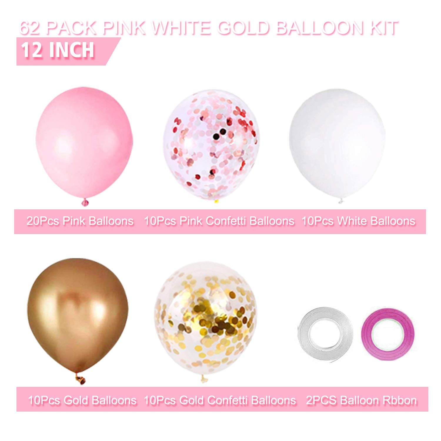 62Pcs Pink Gold Confetti Latex Balloons Kit, 12 Inch Pink White Gold Helium Balloons Party Supplies for Confession Proposal Wedding Girl Birthday Baby Shower Party Decoration