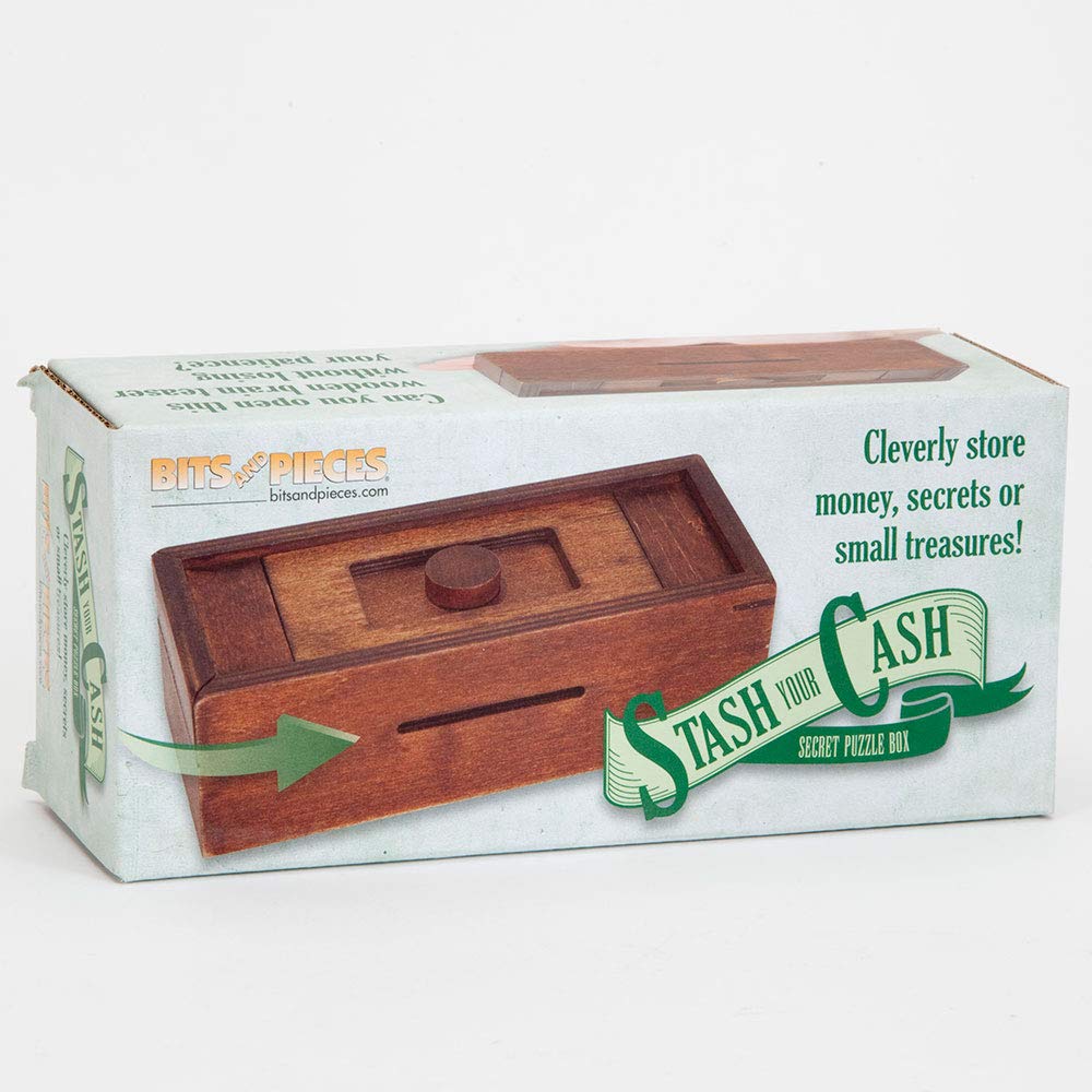 Bits and Pieces - Stash Your Cash - Secret Puzzle Box Brainteaser - Wooden Secret Compartment Brain Game for Adults