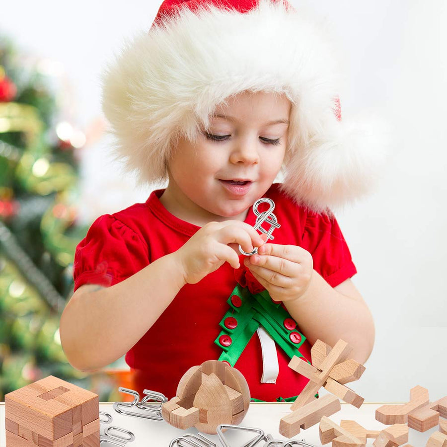 Brain Teasers Metal and Wooden Puzzles for Kids and Adults 9 Pack, Mind, IQ, and Logic Test and Handheld Disentanglement Games, 3D Coil Cast Wire Chain and Durable Wood Educational Toys