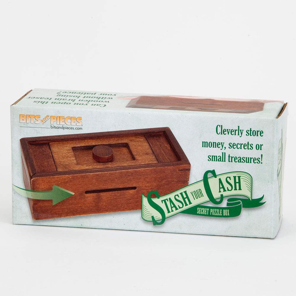 Bits and Pieces - Stash Your Cash - Secret Puzzle Box Brainteaser - Wooden Secret Compartment Brain Game for Adults