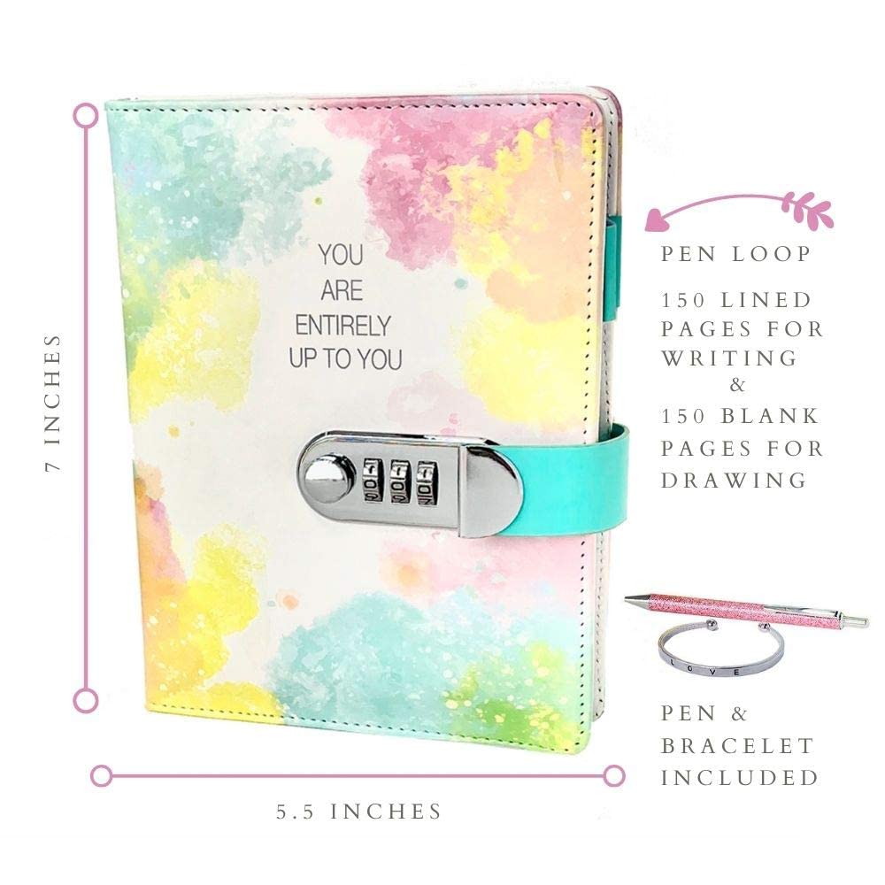 Life is a Doodle Girls Diary with Lock - Gift Set Includes PU Leather Journal with Password Combination Lock, Sleek Pencil Pouch That Wraps Around The Notebook, Bangle Bracelet & Pink Writing Pen