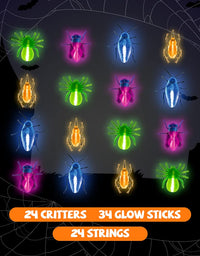 Glow Critters For Halloween Party Favor, Glow in the Dark Party Toys Set for Kids, Trick or Treating Goodie Supplies, School Classroom Game Prizes - 24 Fake Bugs and 34 Mini Glow Sticks
