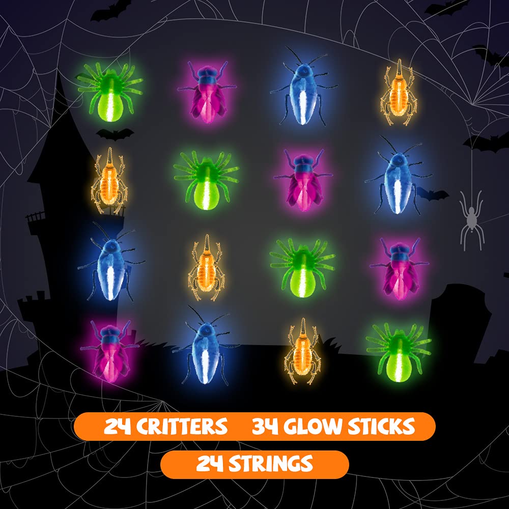 Glow Critters For Halloween Party Favor, Glow in the Dark Party Toys Set for Kids, Trick or Treating Goodie Supplies, School Classroom Game Prizes - 24 Fake Bugs and 34 Mini Glow Sticks