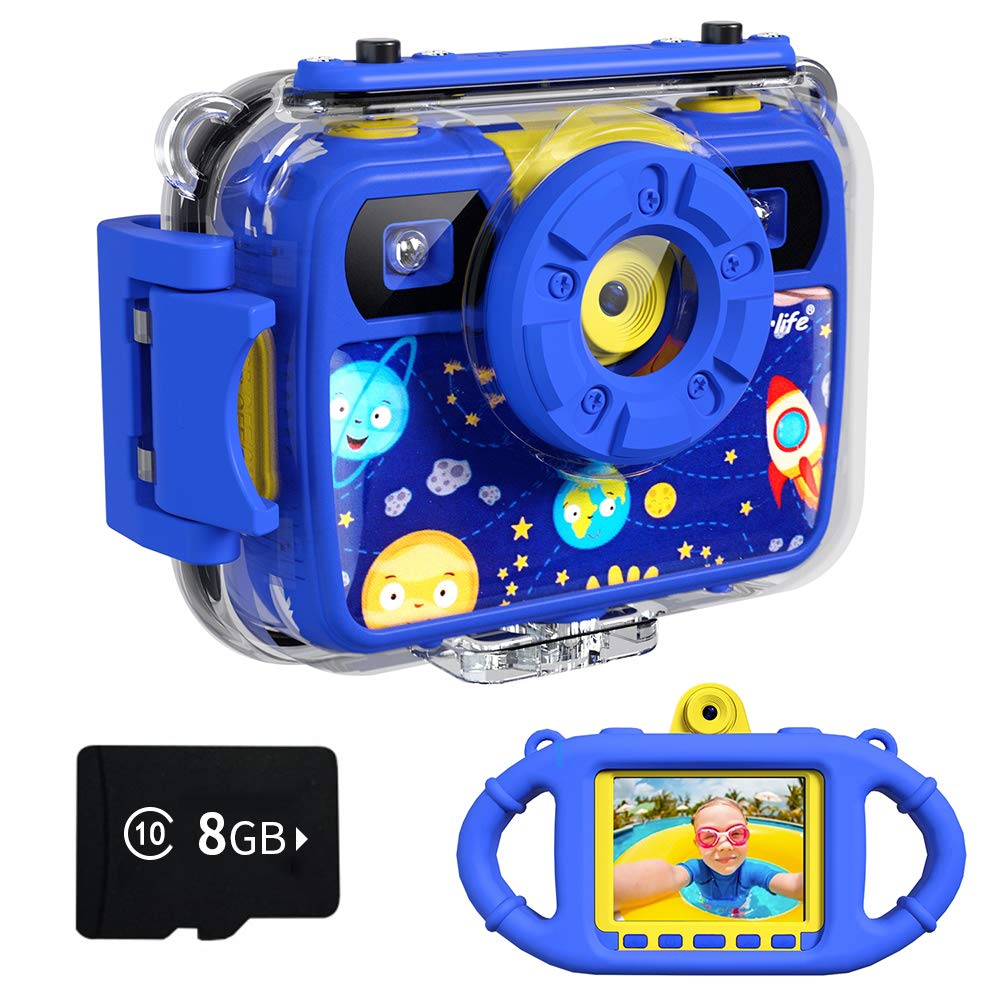 Ourlife Kids Camera, Selfie Waterproof Action Cameras Toys for Boys Age 6-15, 1080P 8MP 2.4 Inch Large Screen Cam with 8GB TF Card, Silicone Handle, Fill Light, Children Toddler Gift for Boys(Blue)