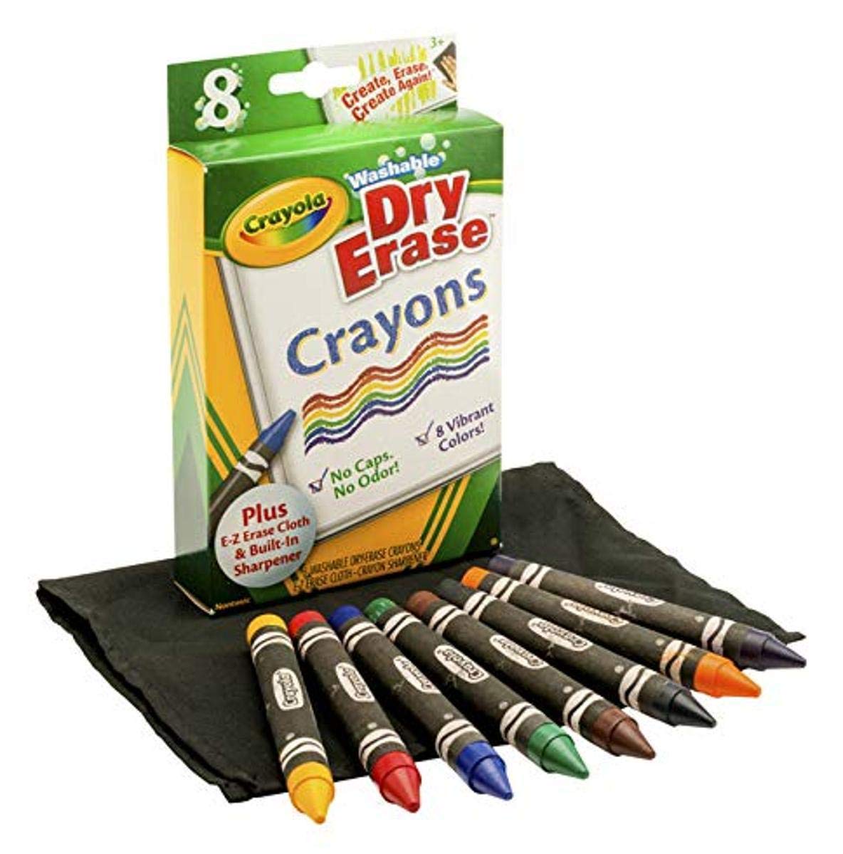 Crayola Washable Dry-Erase Crayons, 8 Classic Crayola Colors with Built In Sharpener & E-Z Erase Cloth Non-Toxic Art Tools for Kids & Toddlers 3 & Up, Easily Wipes Off Any Dry Erase Surface