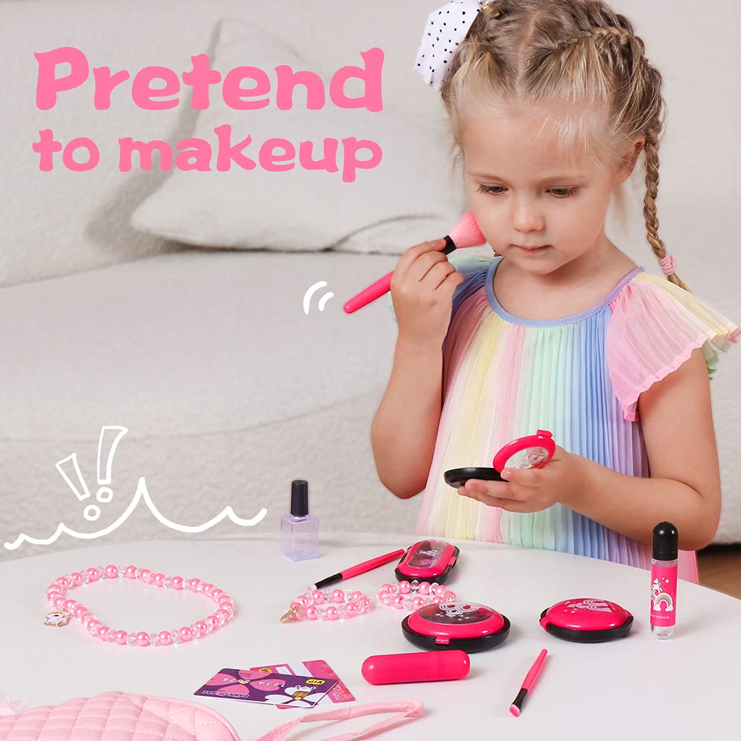 Meland Kids Makeup Kit - Girl Pretend Play Makeup & My First Purse Toy for Toddler Gifts with Pink Princess Purse, Smartphone, Sunglasses, Credit Card, Lipstick,Brush,Lights Up & Make Real Life Sounds