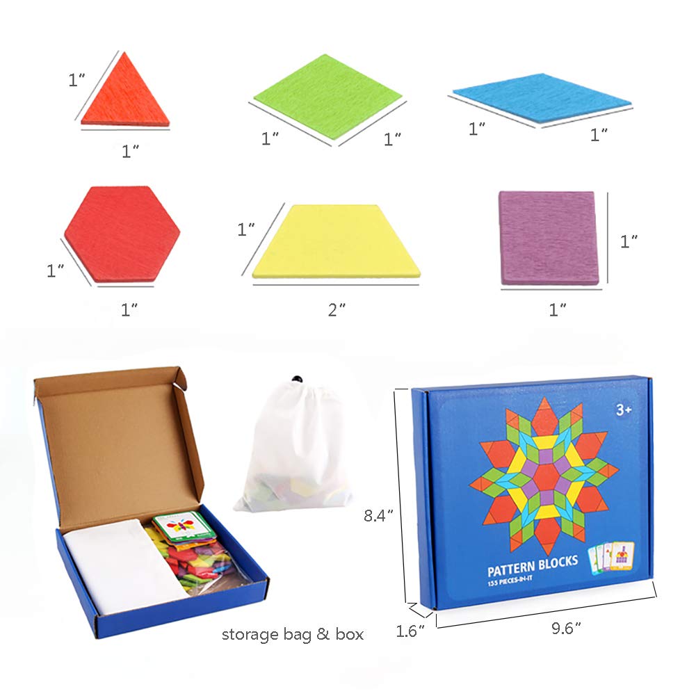 GEMEM 155 Pcs Wooden Pattern Blocks Set Geometric Shape Puzzle Kindergarten Classic Educational Montessori Tangram Toys for Kids Ages 4-8 with 24 Pcs Design Cards
