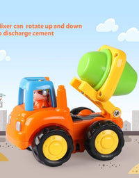 Coogam 4 Pack Friction Powered Cars Construction Vehicles Toy Set Cartoon Push and Go Car Tractor, Bulldozer, Cement Mixer Truck, Dumper for Year Old Boy Girl Kid Gift
